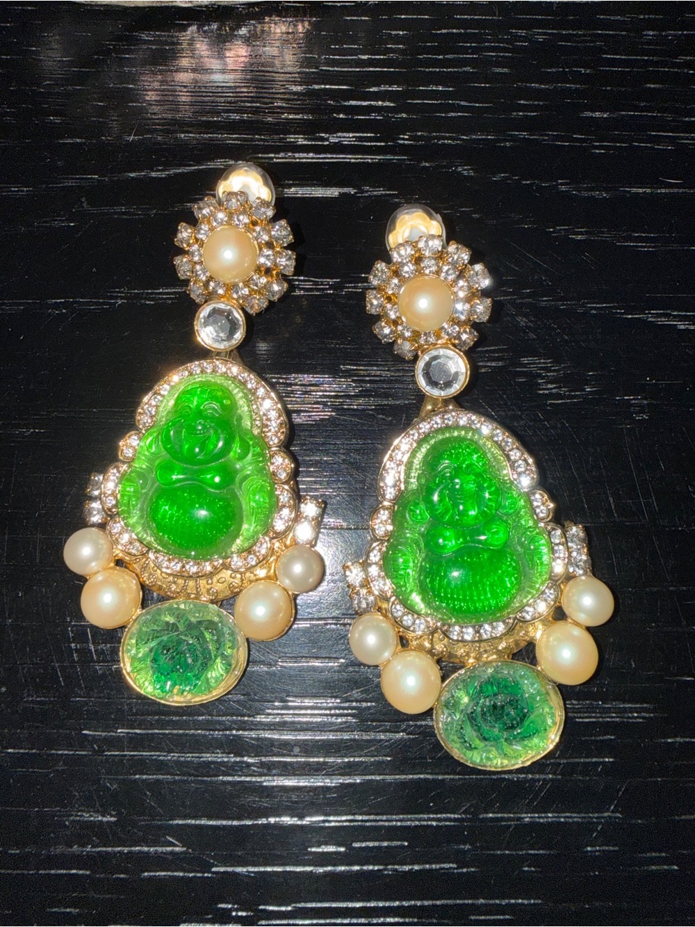 Vrba Gold-Tone Green Buddha Drop Earrings with Pearls and Crystals